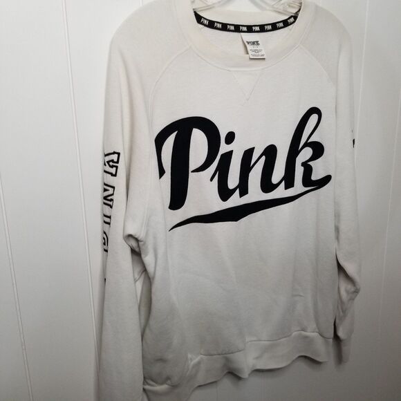 PINK Women's Spell Out Crewneck Sweatshirt White Black Size Small - Picture 3 of 8